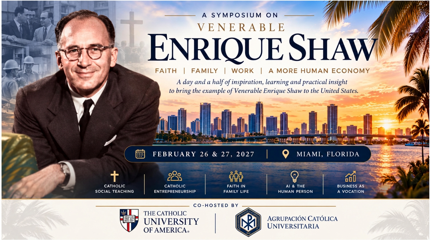 Venerable Enrique Shaw Symposium artwork with his portrait and the Miami skyline